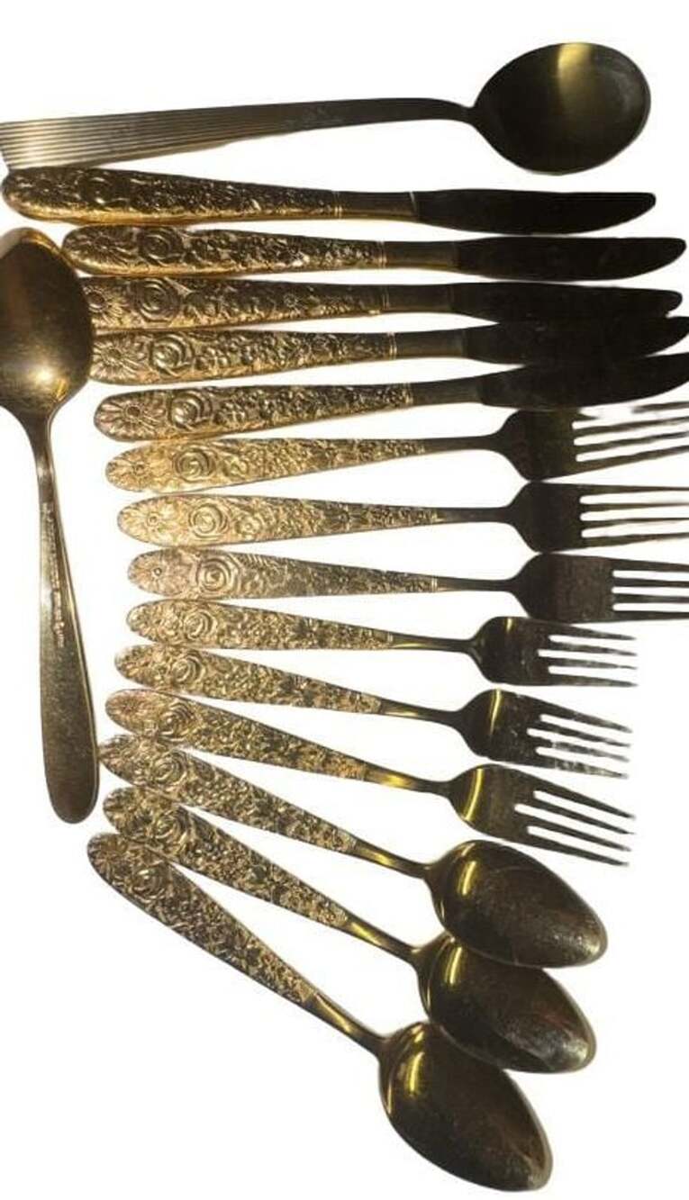 Gold Tone Flatware Set Forks Spoons Knives 1 marked Stanley Roberts Japan